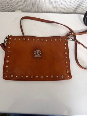 Cognac Leather Studded Crossbody Bag
